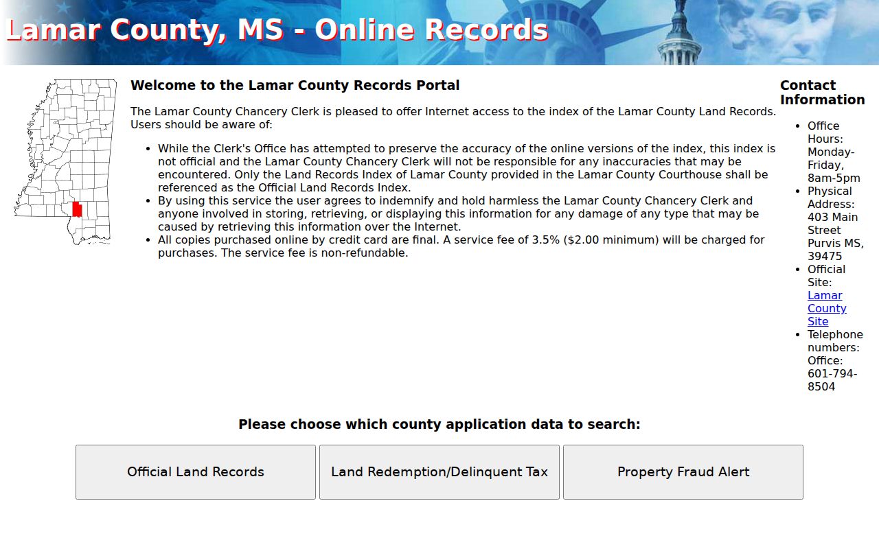 Lamar County civil dockets Chancery land-record portal disclaimer